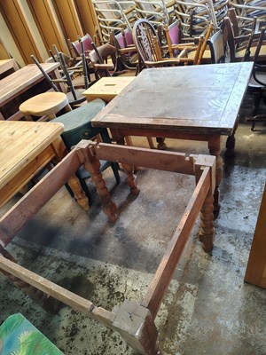 Lot 184 - Wooden Tables x 2 (1 without top) and 4 stools